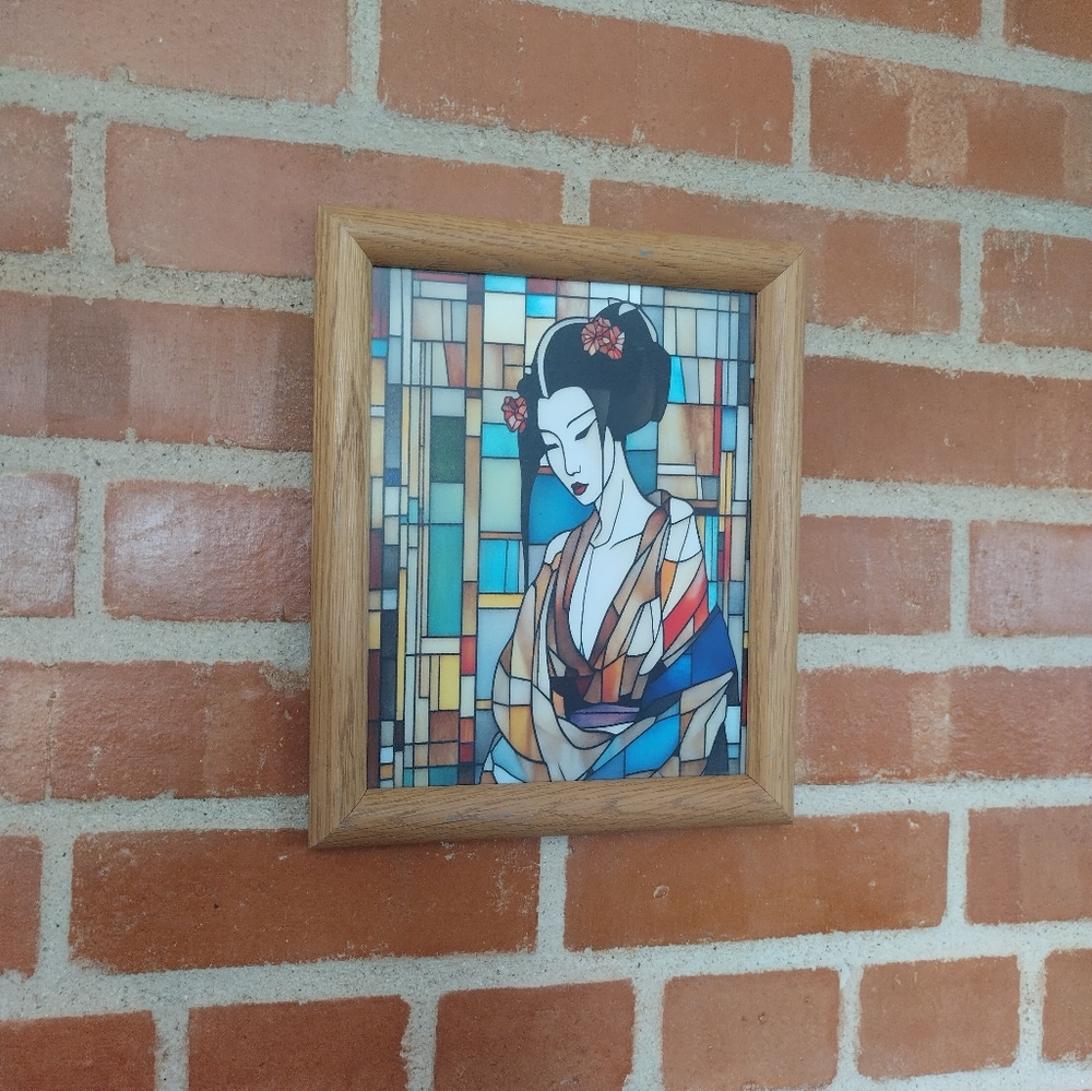Geisha MCM Stained Glass Style Framed Art Print By Neon Nicho